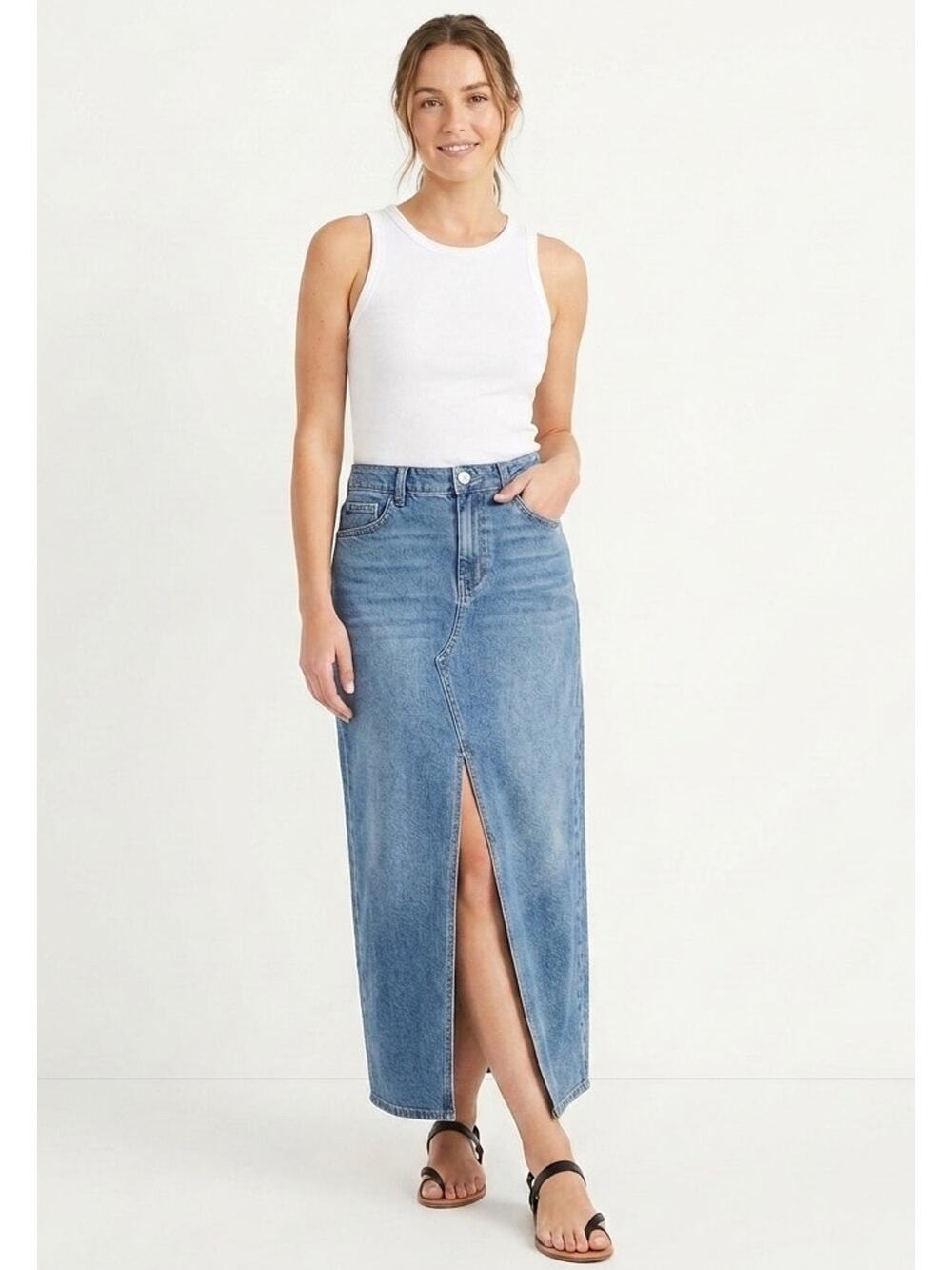 Stitch Star Denim Maxi Skirt Small S Front Slit High Waisted Jean NWT Long Skirt